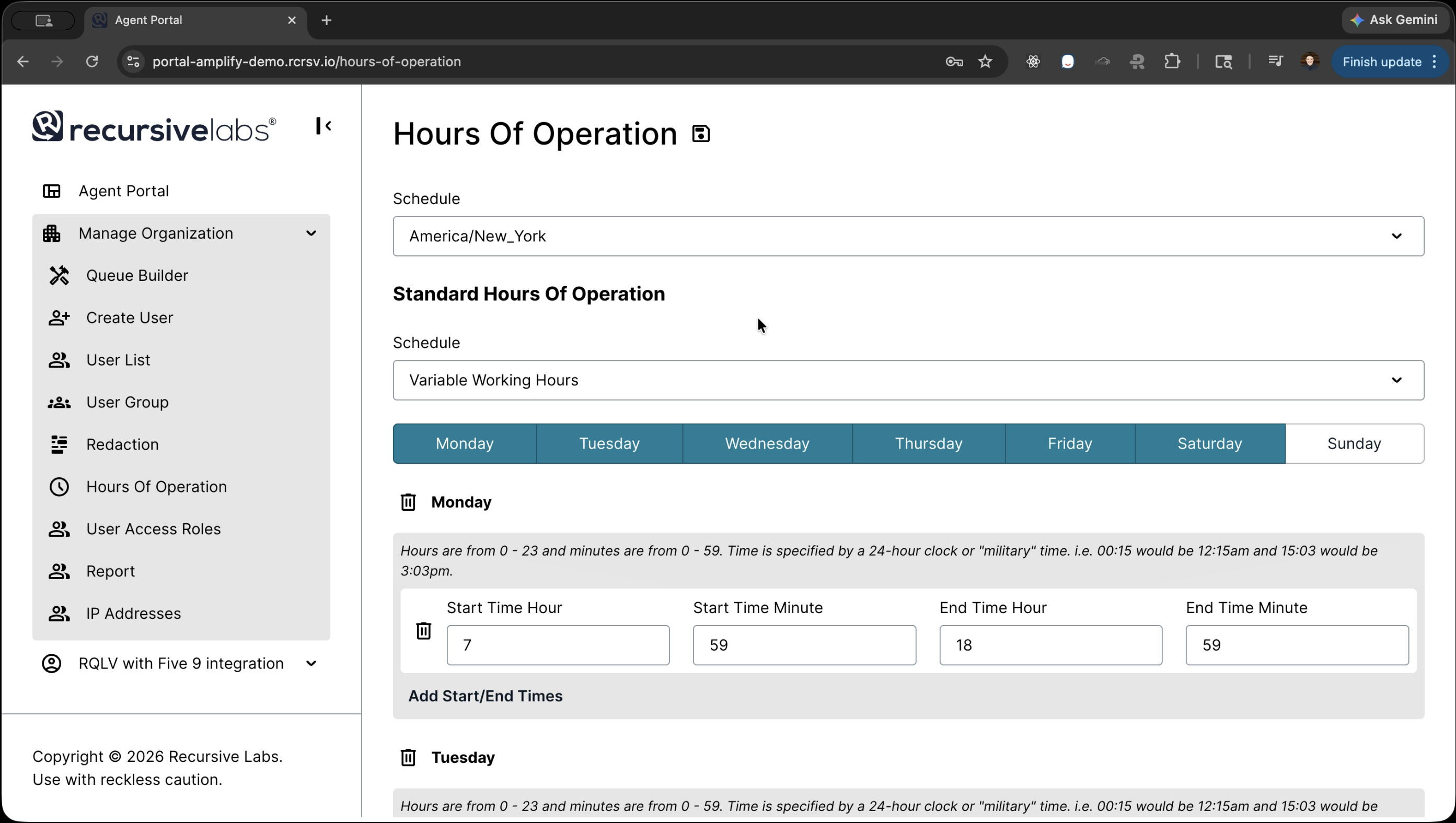 Hours of operation configuration dashboard